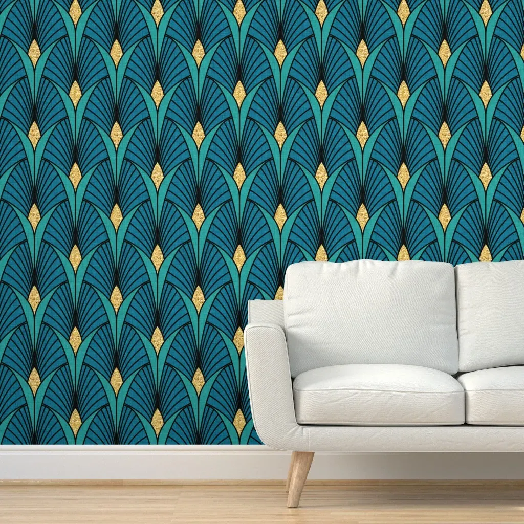 Art Deco Peacock Peel and Stick Wallpaper - Emerald, Metallic Gold product
