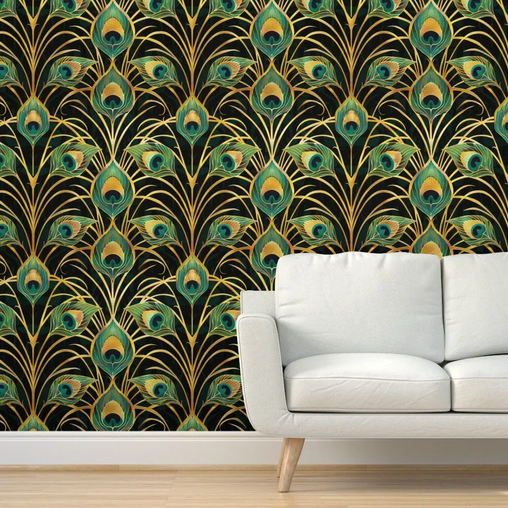 Art Deco Peacock Peel and Stick Wallpaper - Gold product