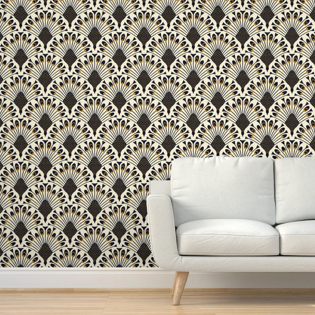 Art Deco Peacock Peel and Stick Wallpaper - Navy Blue, Gold product