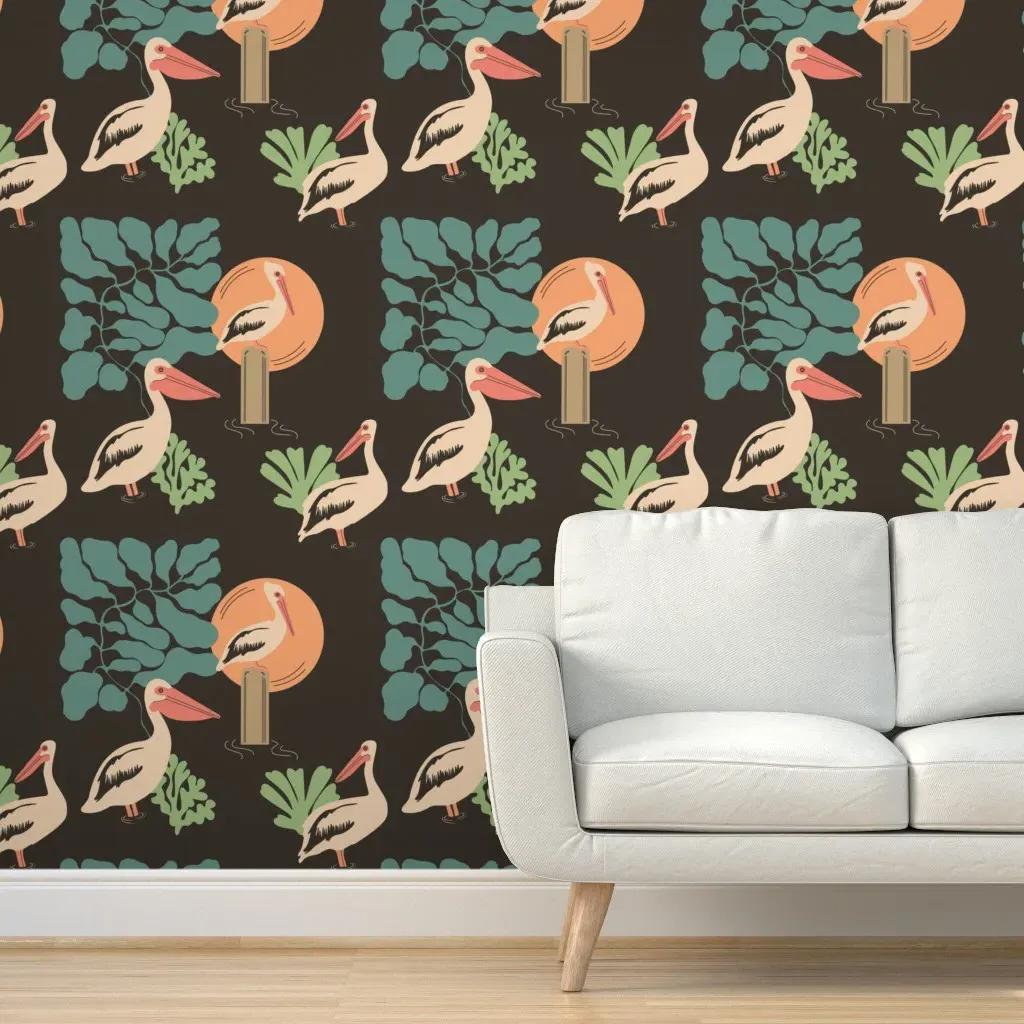 Art Deco Pelicans Peel and Stick Wallpaper - Beige, Cream product
