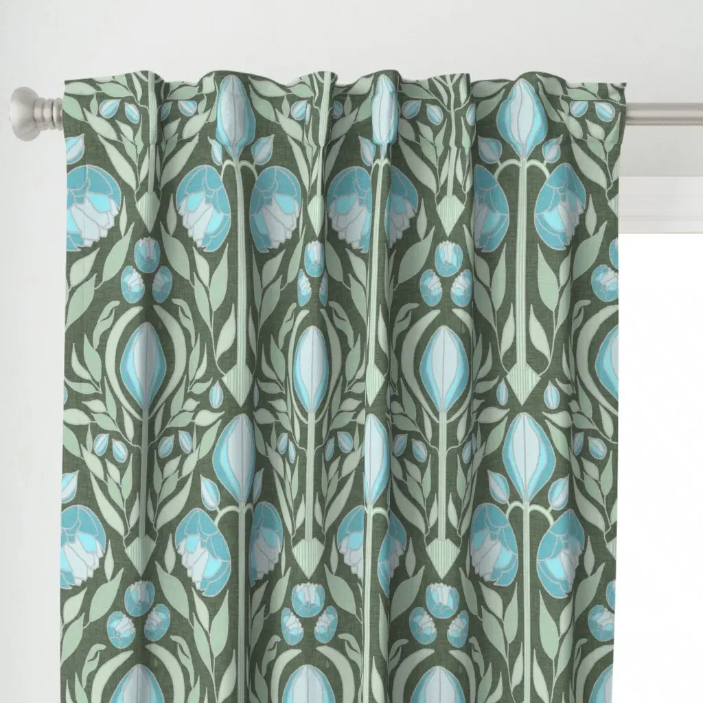 Art Deco Peonies Curtain Panel - Teal alternate view