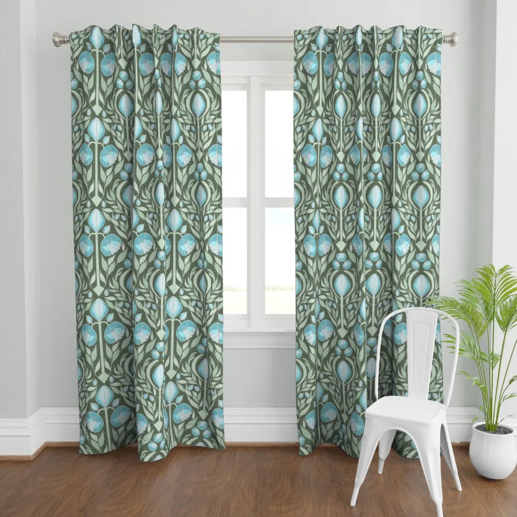 Art Deco Peonies Curtain Panel - Teal product