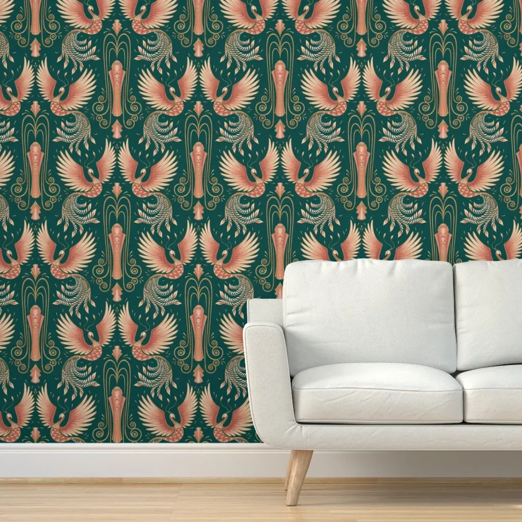Art Deco Rising Phoenix Peel and Stick Wallpaper - Emerald Green product