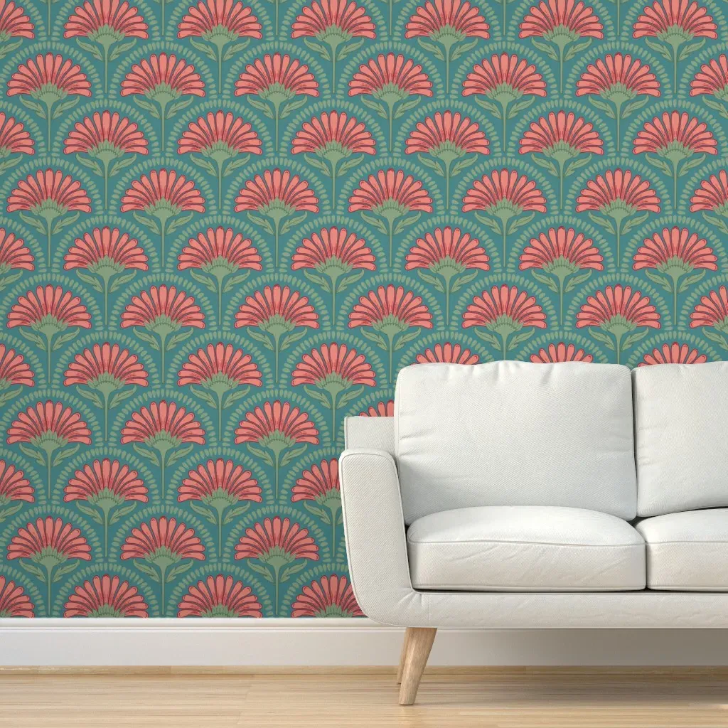 Art Deco Scallop Daisy Floral Peel and Stick Wallpaper - Coral product