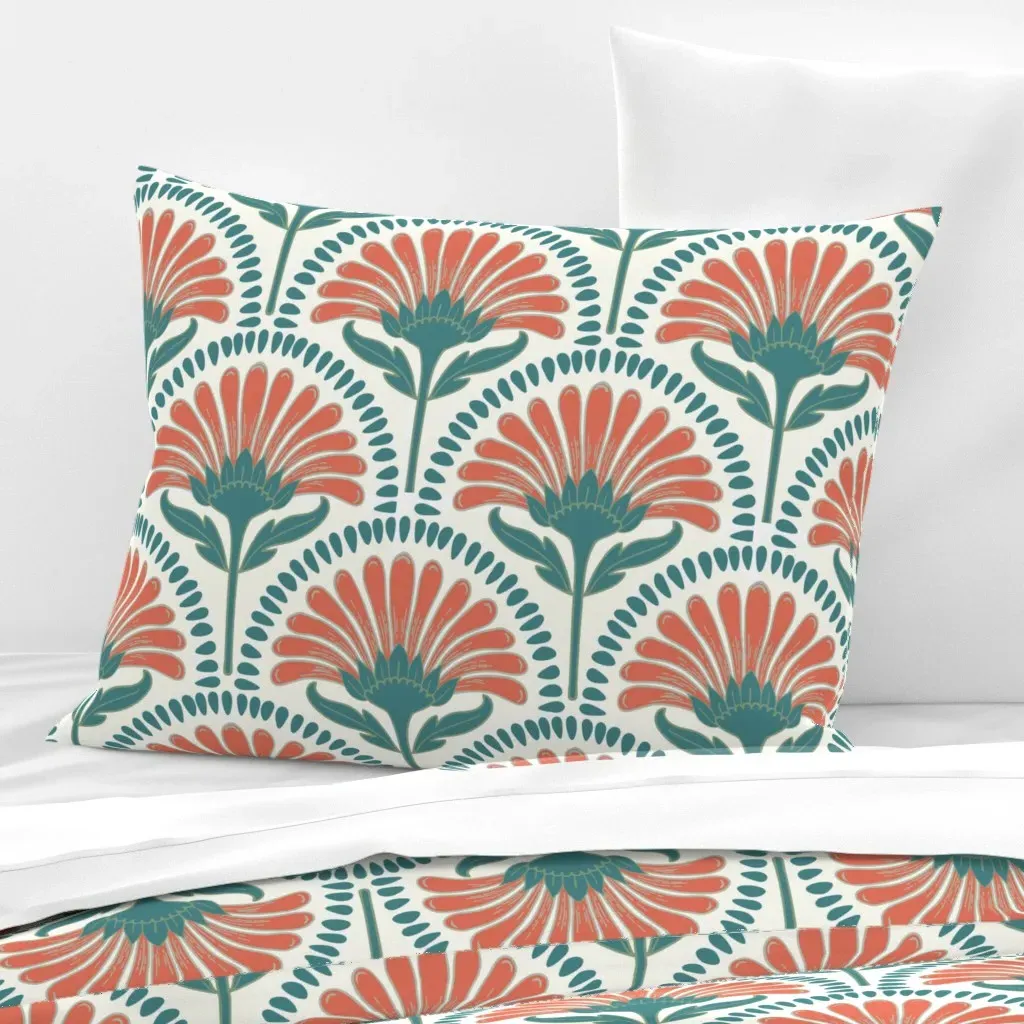 Art Deco Scallop Daisy Floral Standard Pillow - Coral, Cotton Sateen product