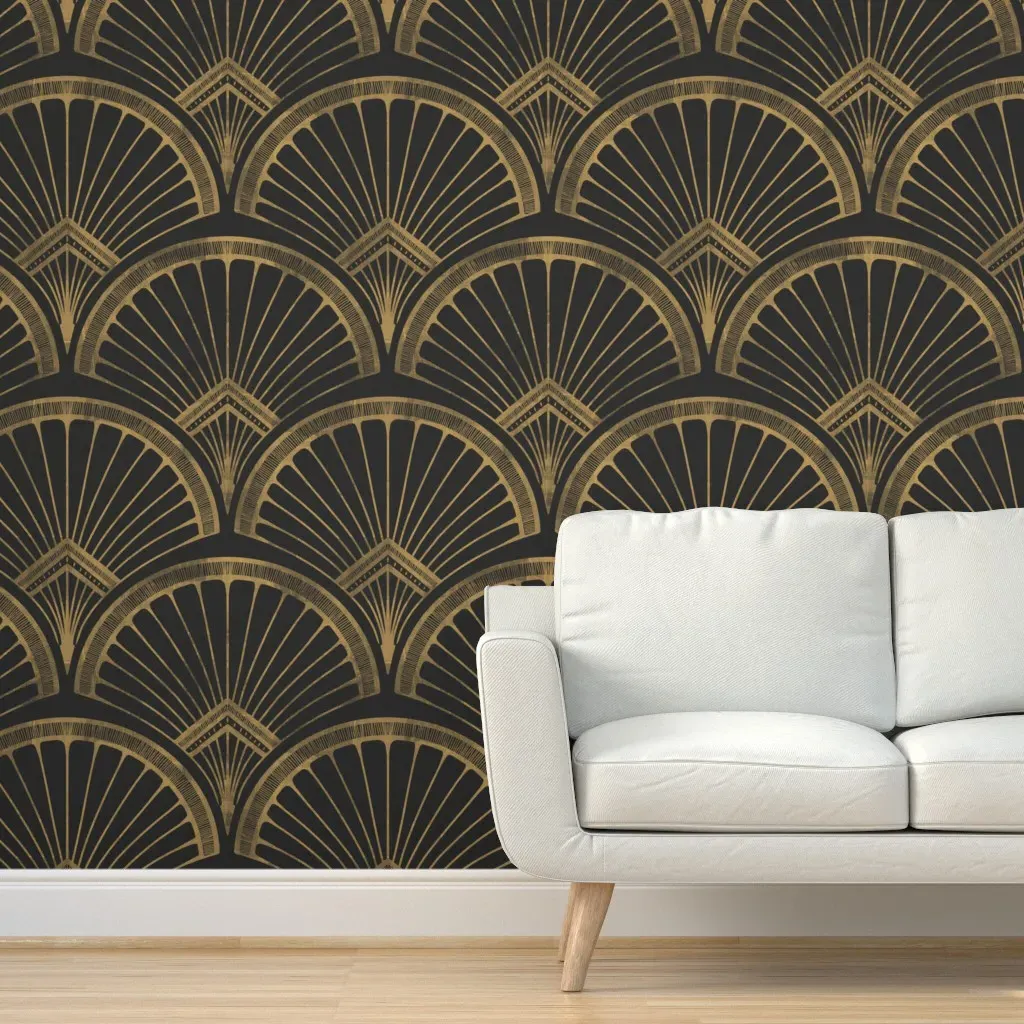 Art Deco Shell Peel and Stick Wallpaper - Dark Grey, Black and Gold product