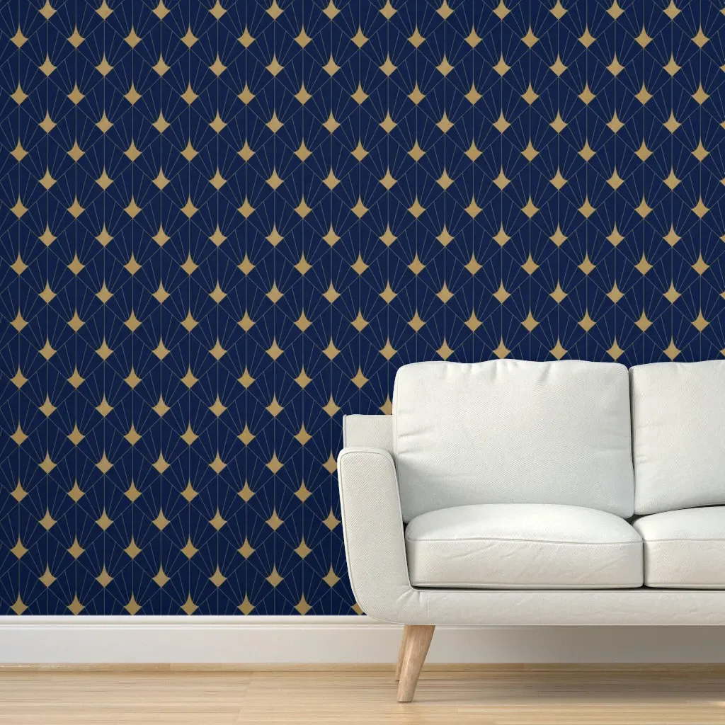 Art Deco Square Fans Peel and Stick Wallpaper - Navy Blue, Gold product