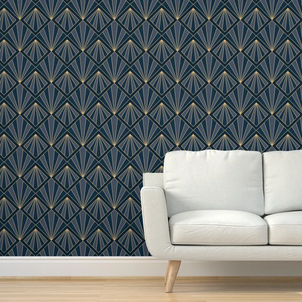 Art Deco Sunburst Geometric Fan & Diamond Peel and Stick Wallpaper - Navy Blue product