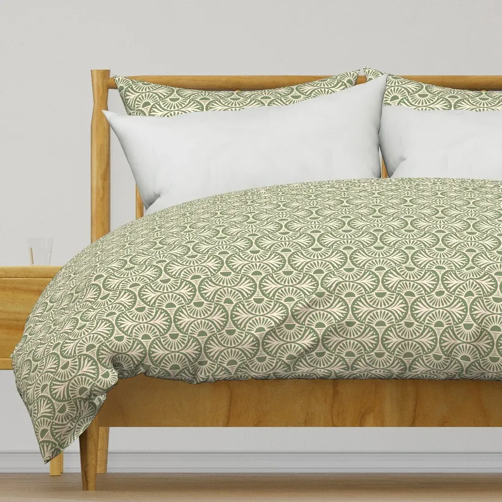 Art Deco Sunset And Leaves Duvet Cover - Sage Green product