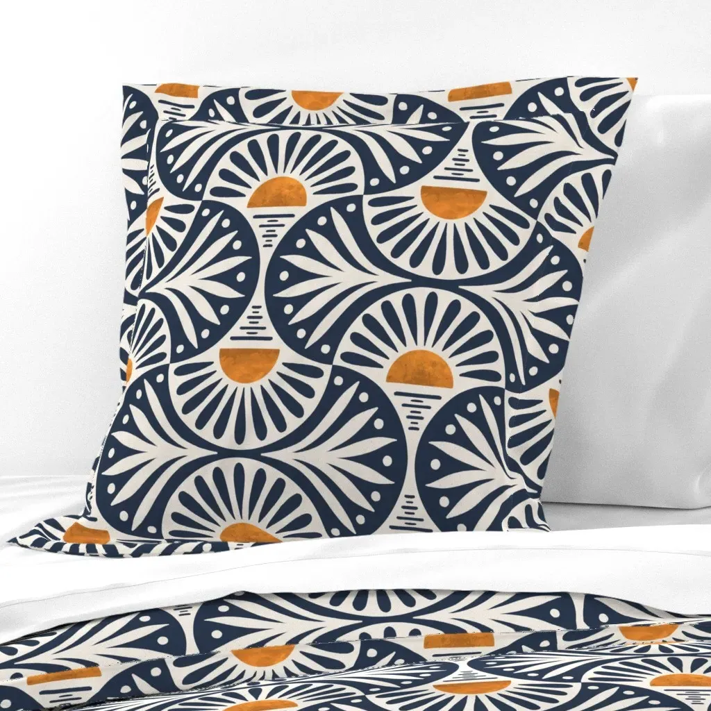 Art Deco Sunset And Leaves Euro Pillow Sham - Navy Blue, Cotton product