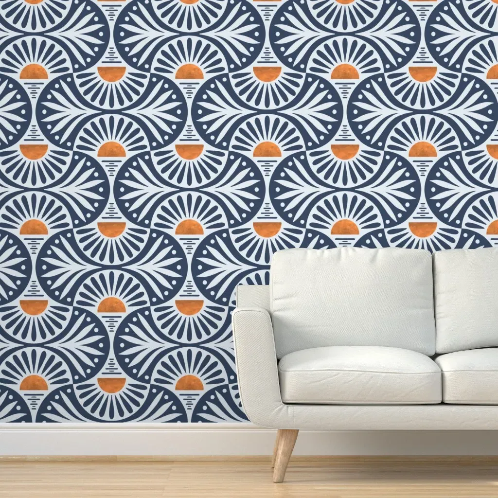 Art Deco Sunset and Leaves Peel and Stick Wallpaper - Blue product