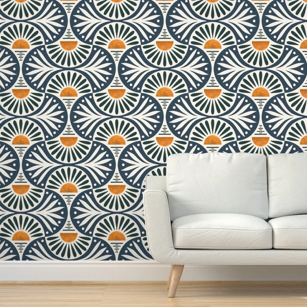 Art Deco Sunset and Leaves Peel and Stick Wallpaper - Dark Teal product