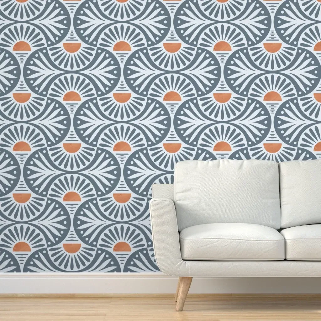 Art Deco Sunset and Leaves Peel and Stick Wallpaper - Dusty Blue product