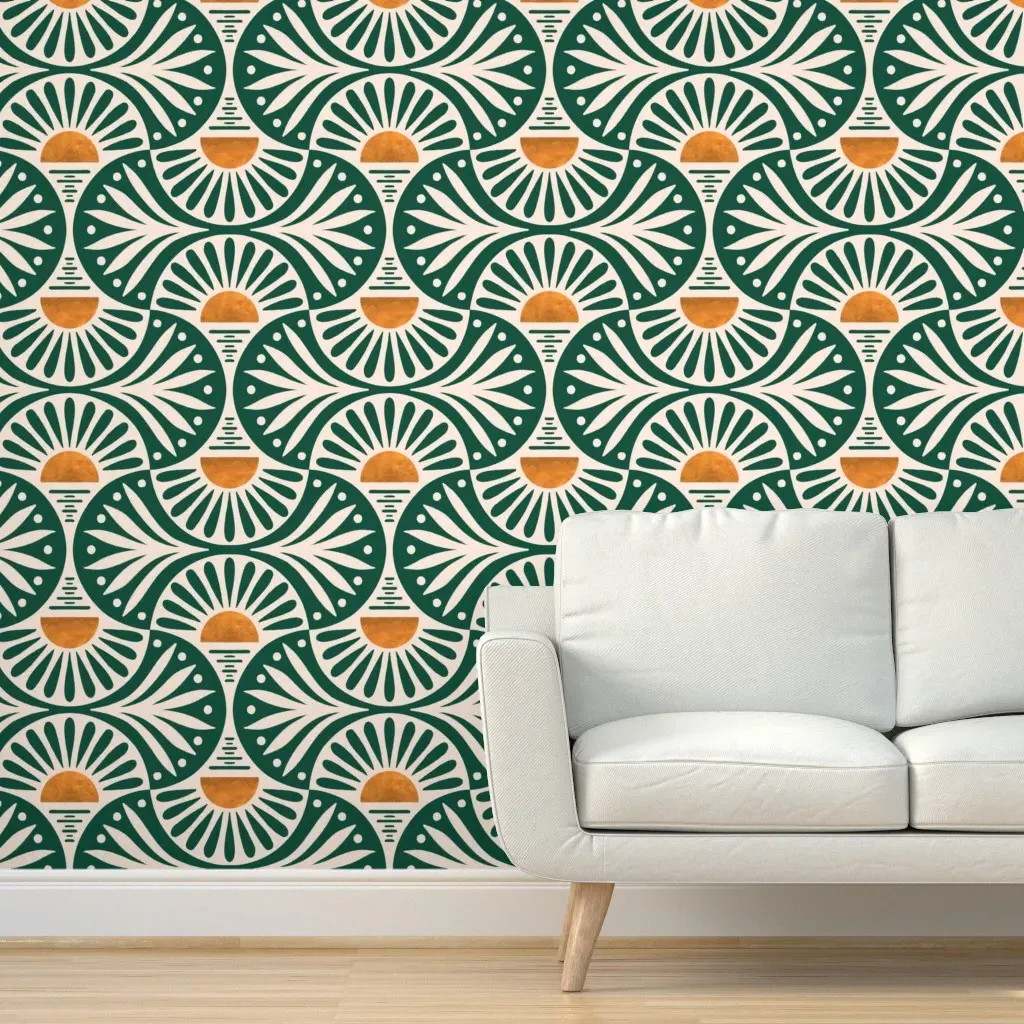 Art Deco Sunset and Leaves Peel and Stick Wallpaper - Forest Green product