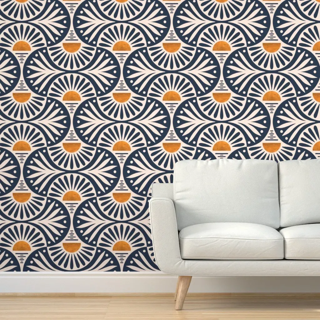 Art Deco Sunset and Leaves Peel and Stick Wallpaper - Gold, Navy product