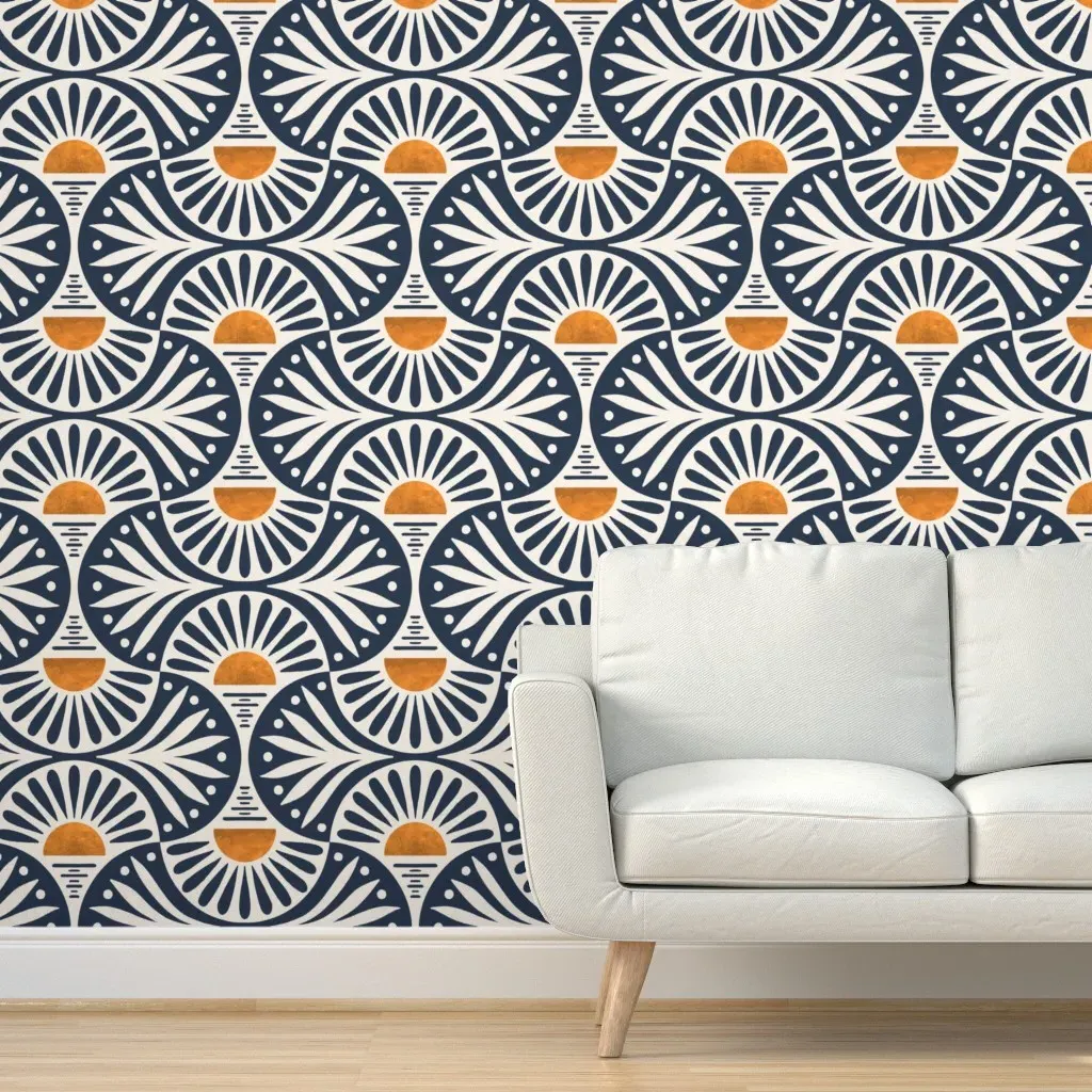 Art Deco Sunset and Leaves Peel and Stick Wallpaper - Navy Blue product
