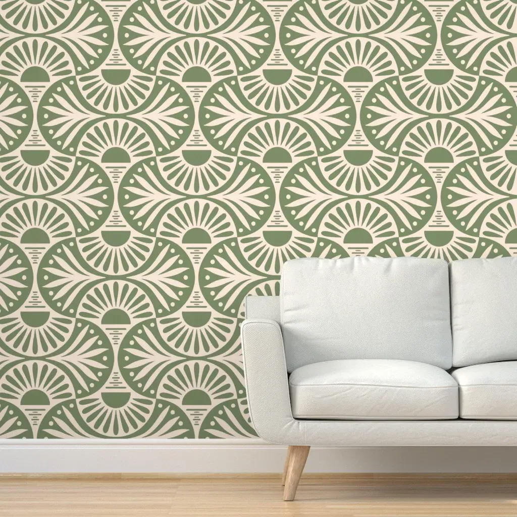 Art Deco Sunset and Leaves Peel and Stick Wallpaper - Sage Green product