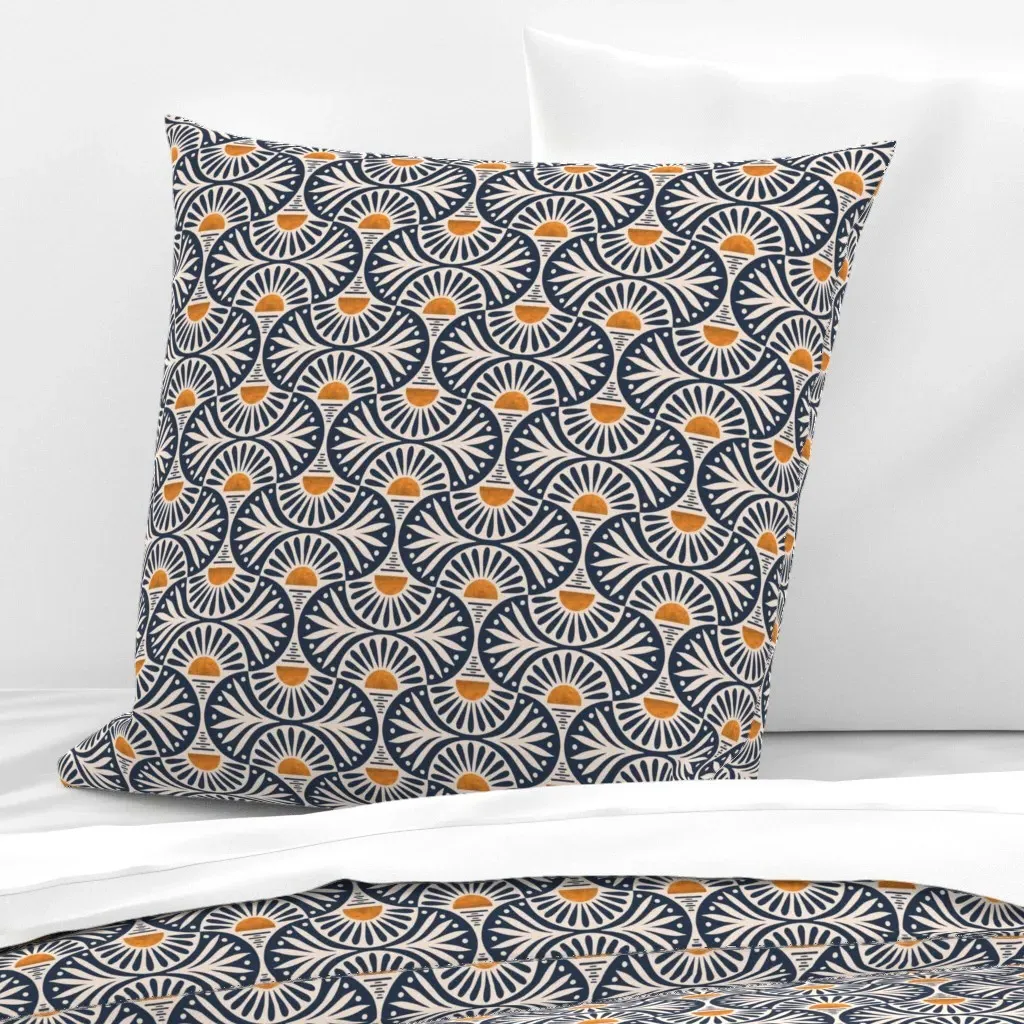 Art Deco Sunset And Leaves Small Scale Euro Pillow Sham - Navy Blue product