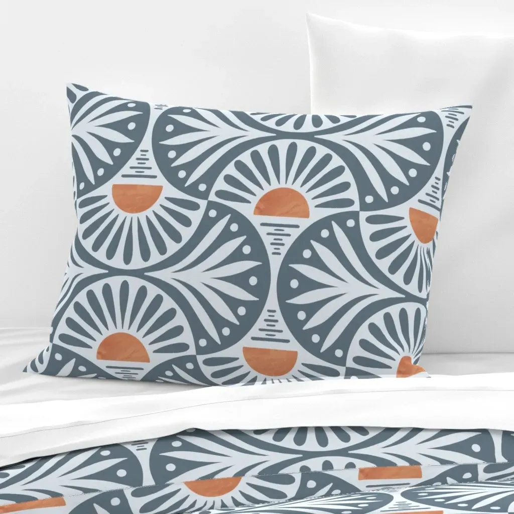 Art Deco Sunset and Leaves Standard Knife Edge Pillow - Dusty Blue, Cotton Sateen product