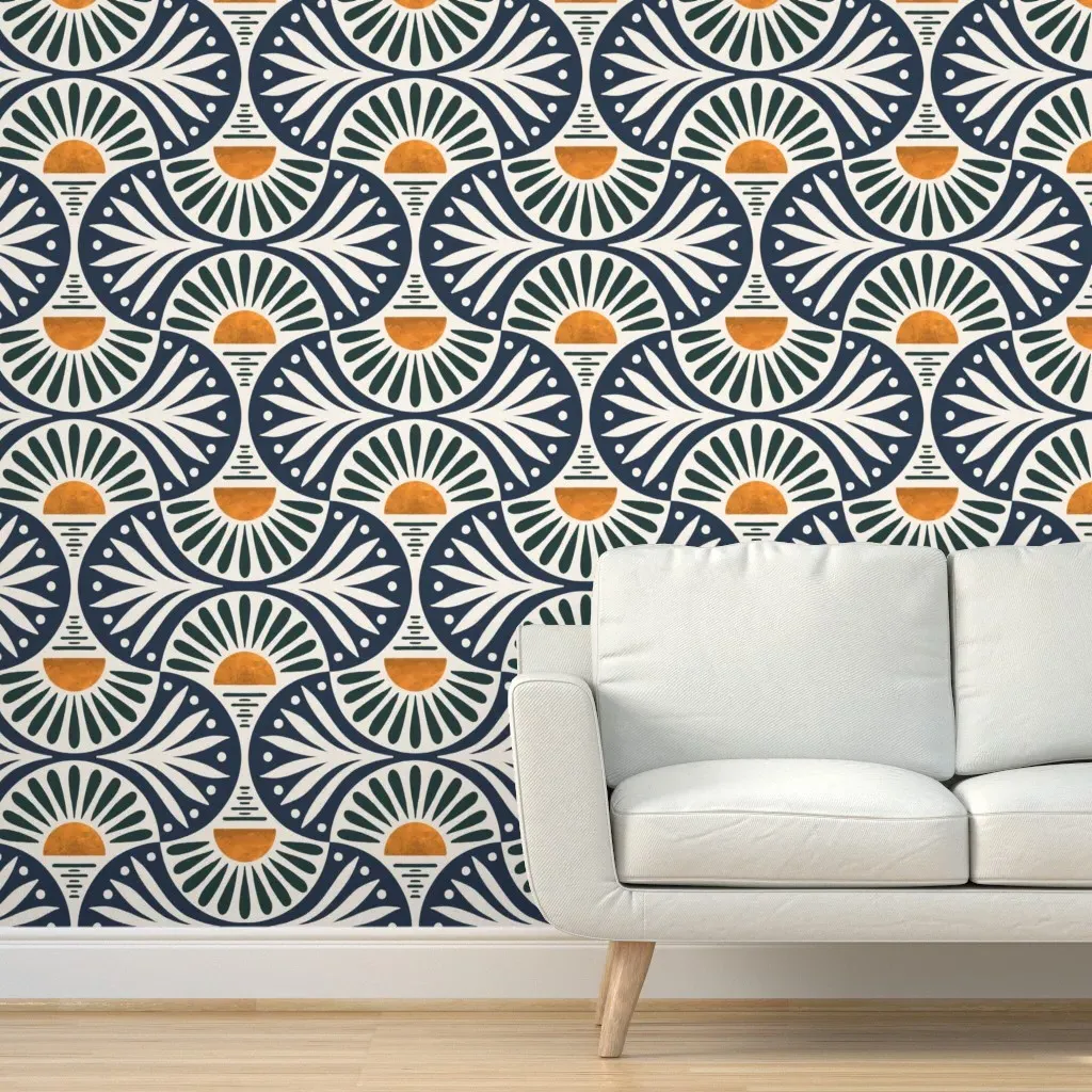 Art Deco Sunset Leaves Peel and Stick Wallpaper - Dark Teal product