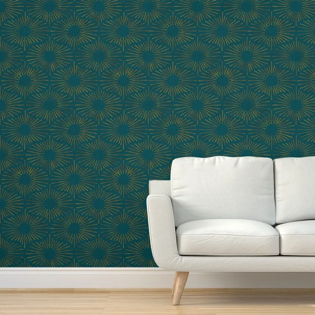 Art Deco Sunshine Peel and Stick Wallpaper - Gold on Teal product