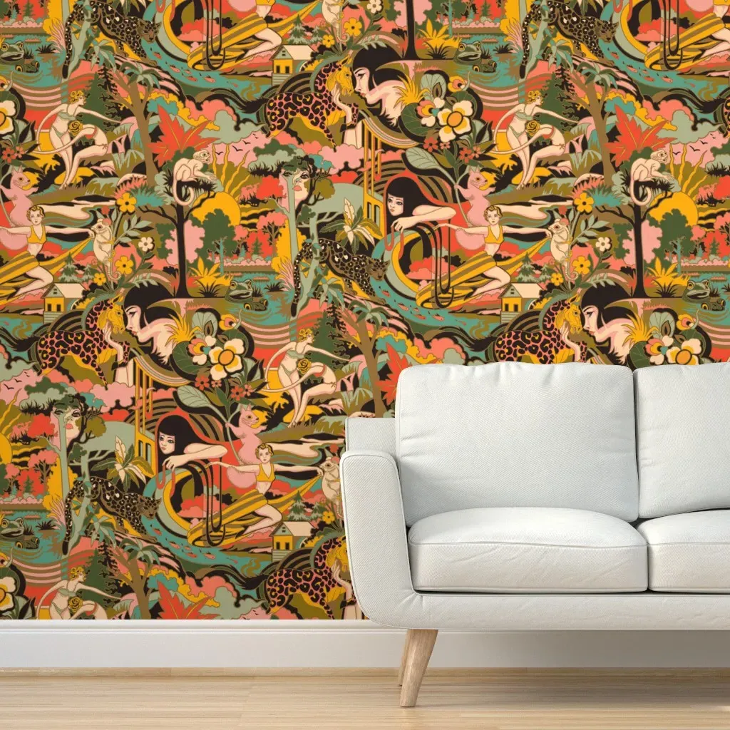 Art Deco Surrealism Peel and Stick Wallpaper - Mustard Yellow product
