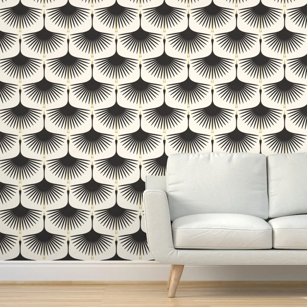 Art Deco Swans Peel and Stick Wallpaper - Black on Cream product