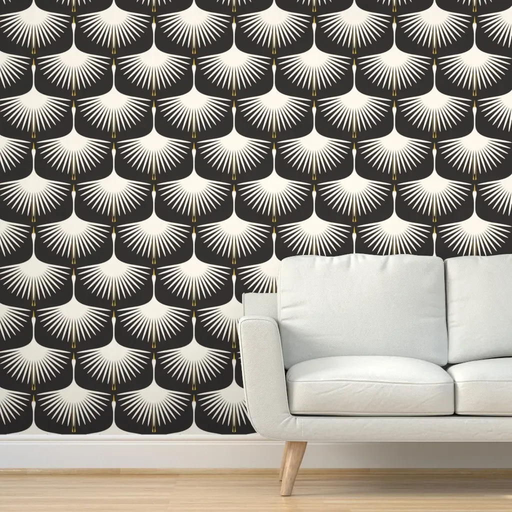 Art Deco Swans Peel and Stick Wallpaper - Cream on Black product