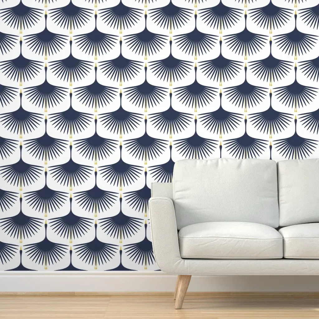 Art Deco Swans Peel and Stick Wallpaper - Navy, White product