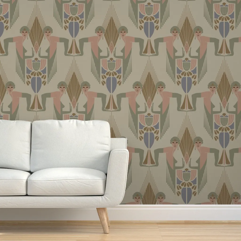 Art Deco Women With Flowers Peel and Stick Wallpaper - Dusty Rose product