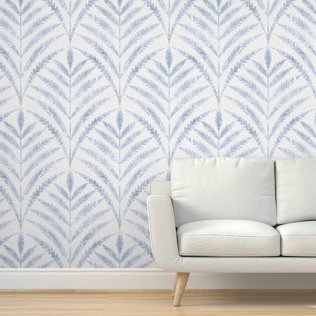 Art Deco Zen Fern Leaves Peel and Stick Wallpaper - Light Blue product