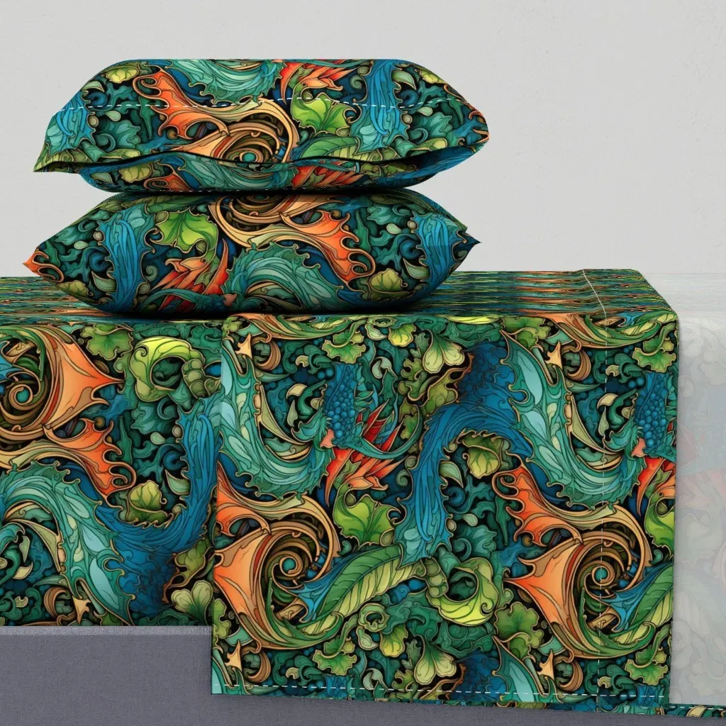 Art Nouveau Abstract Dragons Queen Sheet Set - Teal product
