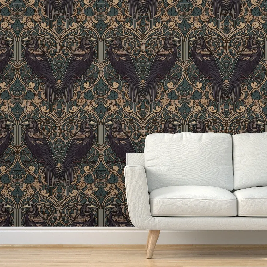 Art Nouveau Crows Peel and Stick Wallpaper - Dark Teal product