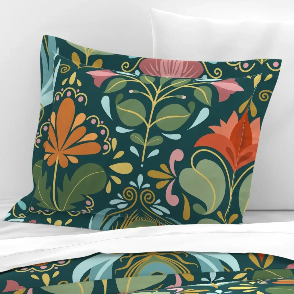 Art Nouveau Diamonds Floral Feather Standard Pillow Sham - Teal, Cotton Sateen product