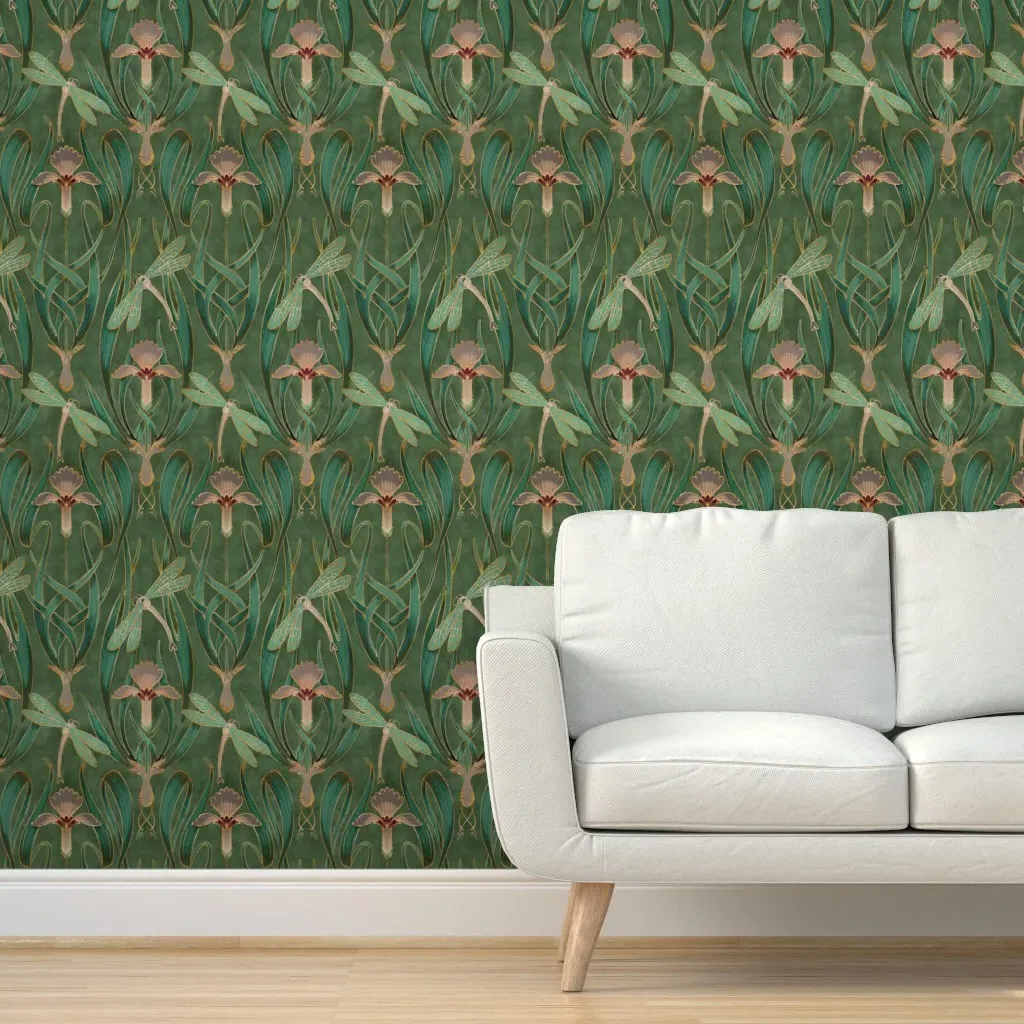 Art Nouveau Dragonflies Peel and Stick Wallpaper - Emerald product