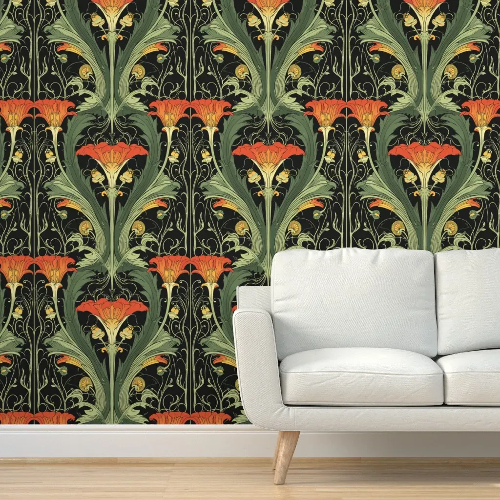 Art Nouveau Floral Peel and Stick Wallpaper - Red, Green product