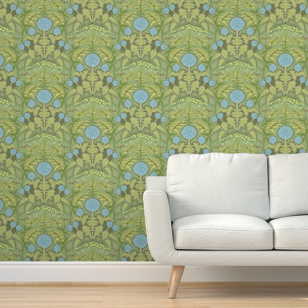 Art Nouveau Globe Thistle Large Peel and Stick Wallpaper - Green, Blue, Yellow product