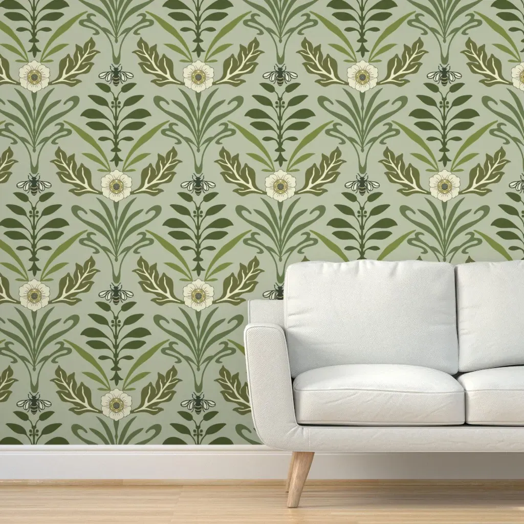 Art Nouveau Honey Bee and Flower Jumbo Peel and Stick Wallpaper - Sage product