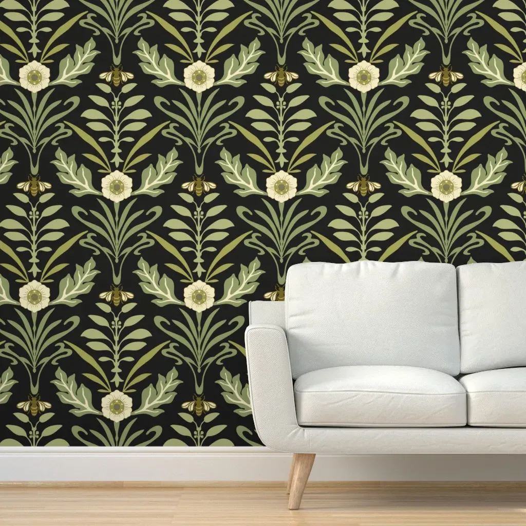 Art Nouveau Honey Bee and Flower Jumbo Wallpaper - Olive Green, Black product
