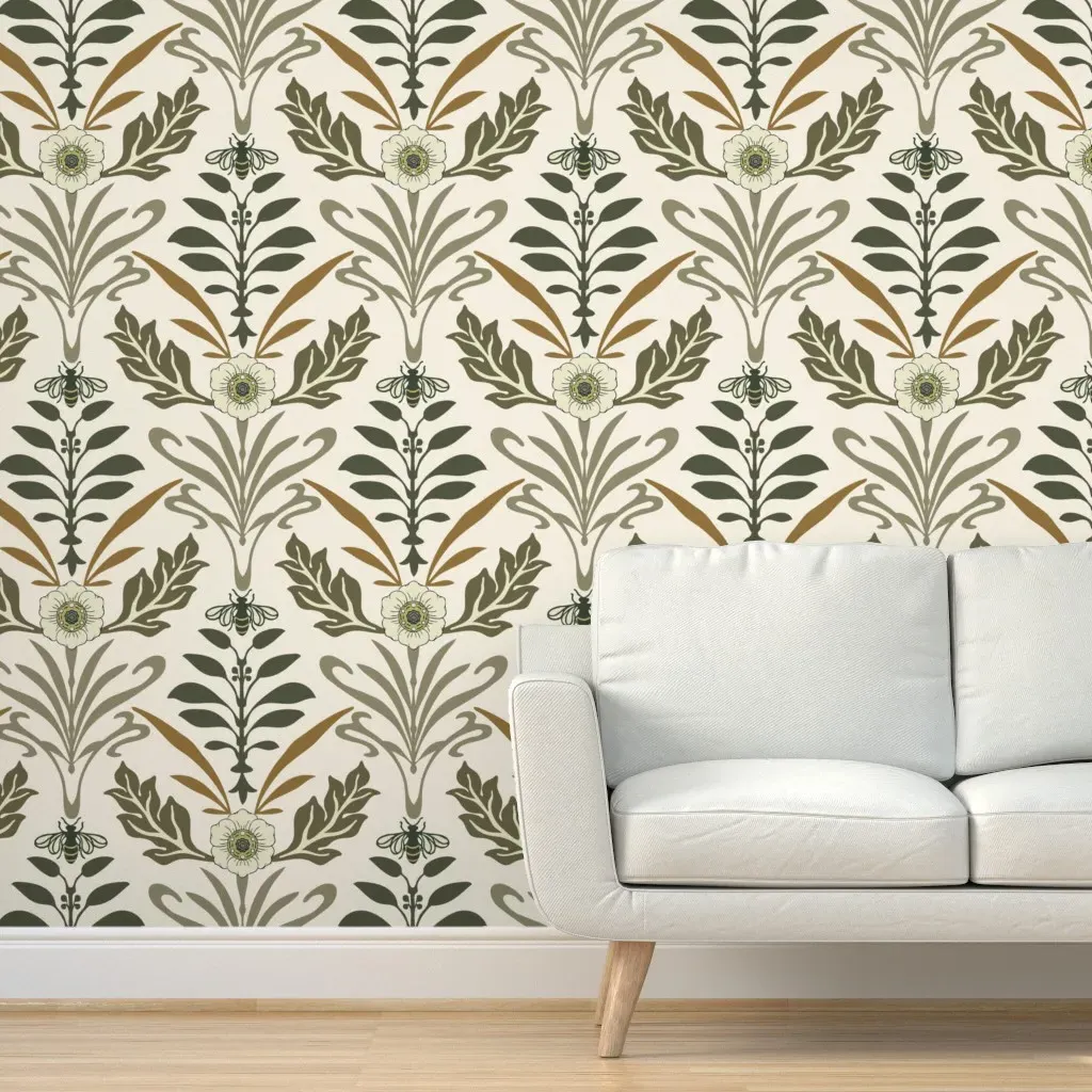 Art Nouveau Honey Bee and Flower Peel and Stick Wallpaper - Ivory/Beige product