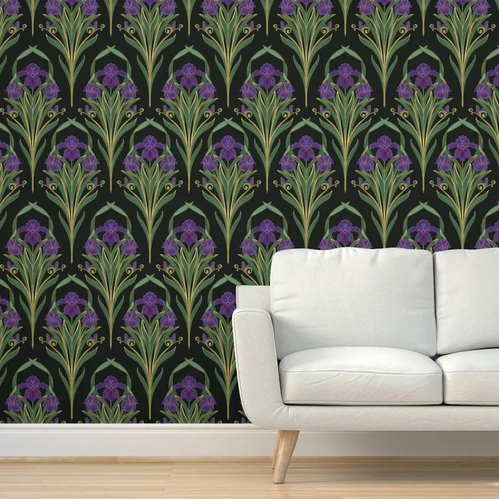 Art Nouveau Irises Peel and Stick Wallpaper - Purple, Gold product