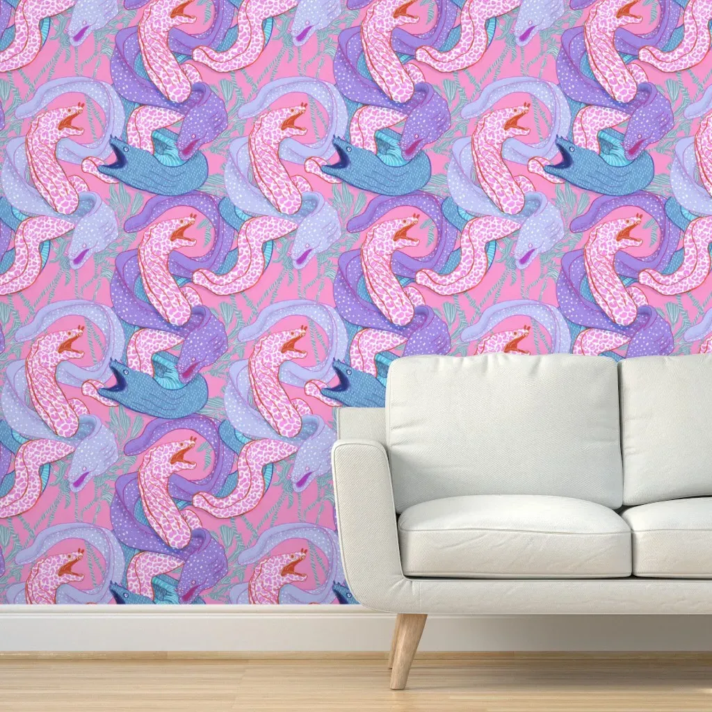 Art Nouveau Leopard Moray Eels Sea Kelp Peel and Stick Wallpaper - Purple product
