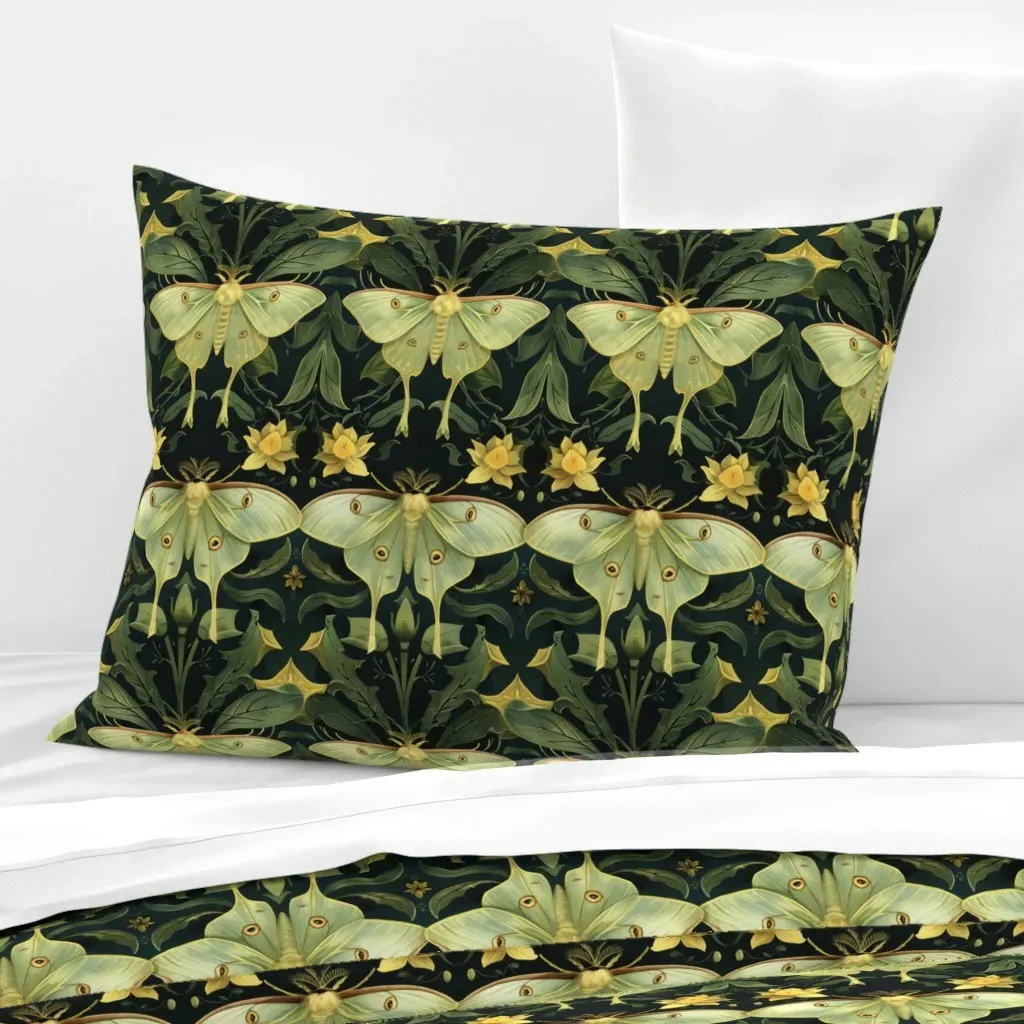 Art Nouveau Luna Moon Moth Standard Cushion Cover - Pale Green, Cotton Sateen product