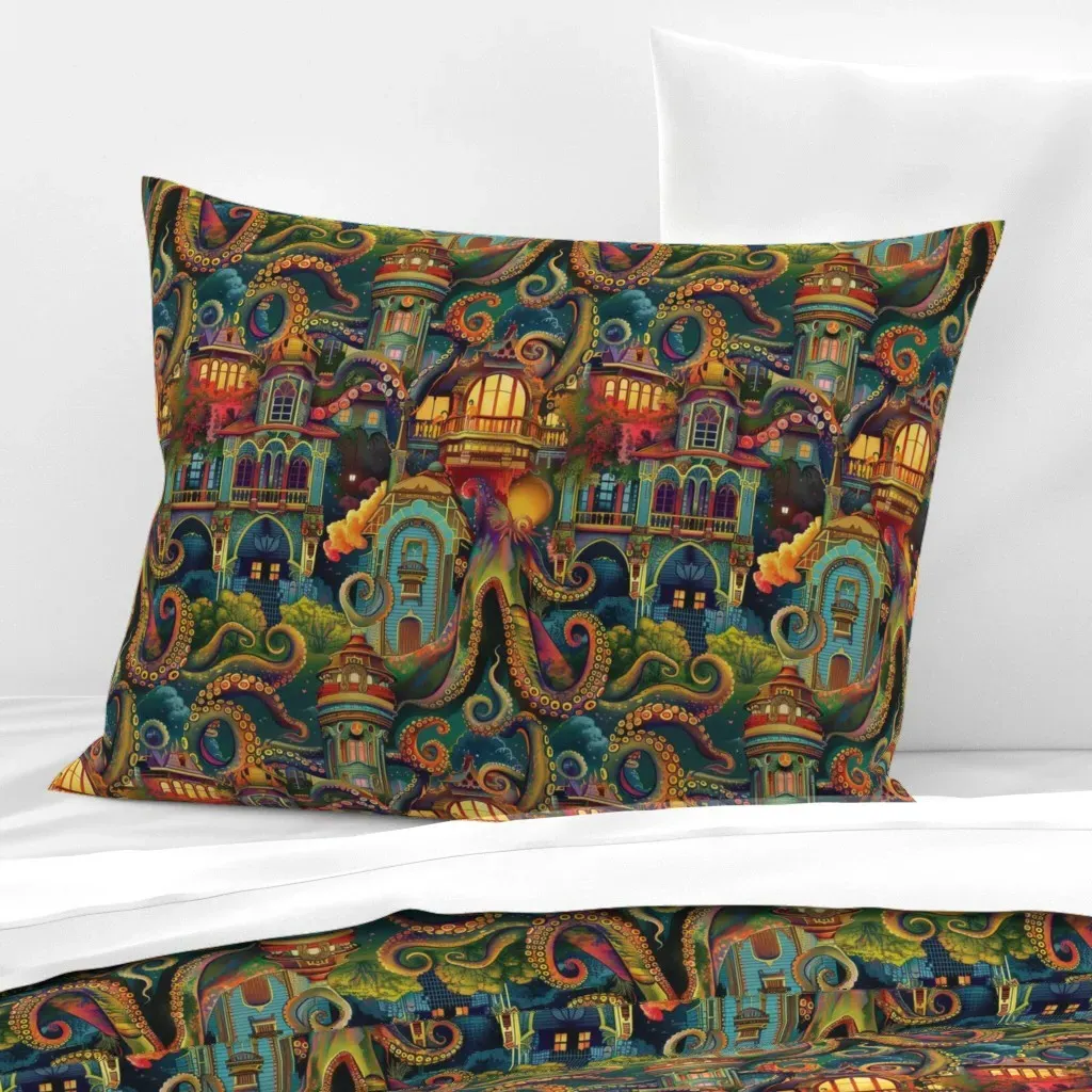 Art Nouveau Octopus Haunted House Standard Pillow - Deep Teal, Cotton Sateen product
