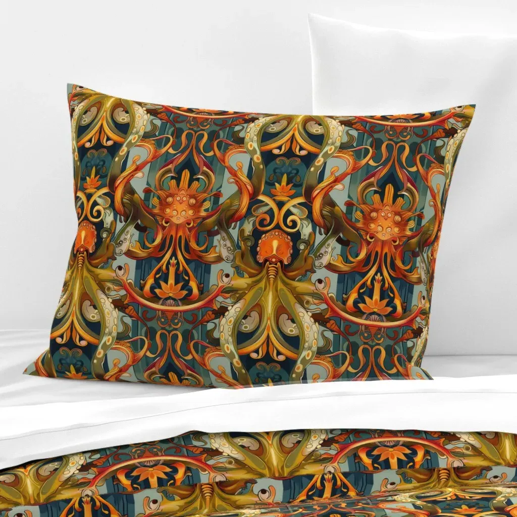Art Nouveau Octopus Tentacles Standard Pillow - Orange, Cotton Sateen product