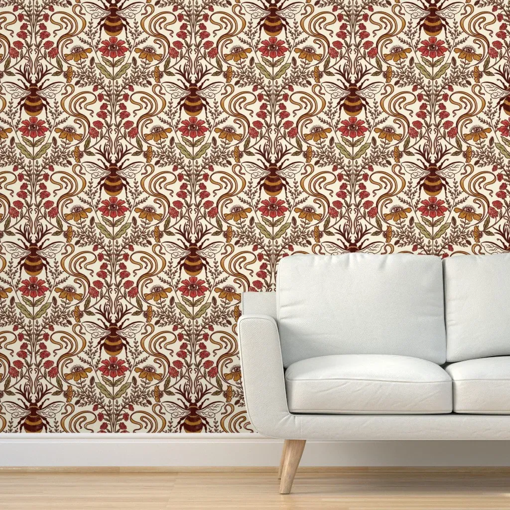 Art Nouveau Pollenator & Flowers Peel and Stick Wallpaper - Burgundy product