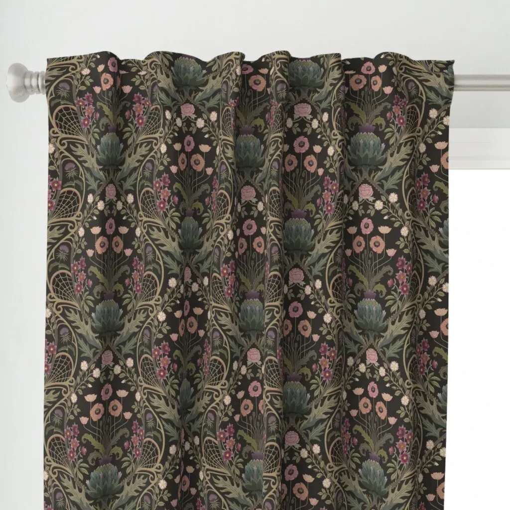 Art Nouveau Poppies Curtain Panel - Dark Teal alternate view