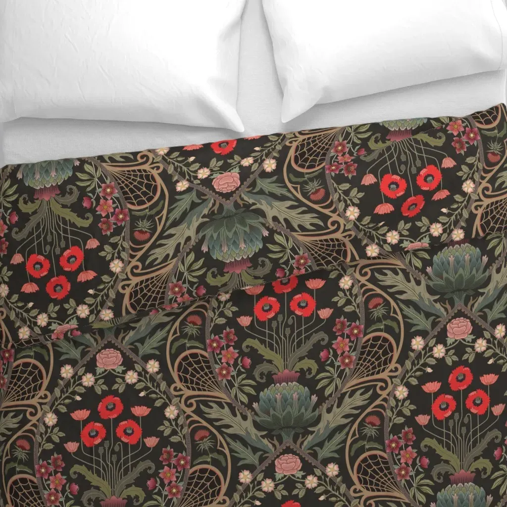 Art Nouveau Poppies Hellebore Duvet Cover - Red alternate view