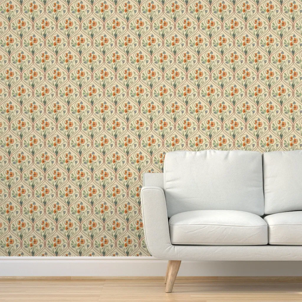 Art Nouveau Poppies Peel and Stick Wallpaper - Yellow, Green product