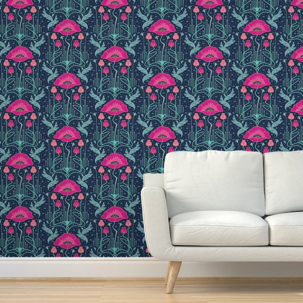 Art Nouveau Poppy Peel and Stick Wallpaper - Pink product